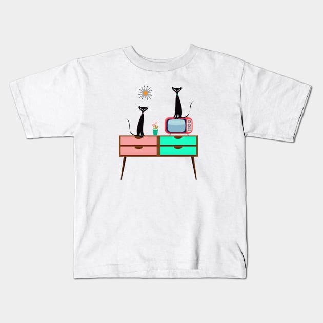 Mid Century Cats Sitting on a Retro TV Table Kids T-Shirt by Lisa Williams Design